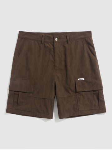 Corduroy Solid Color Applique Cargo Shorts - DEEP COFFEE - S