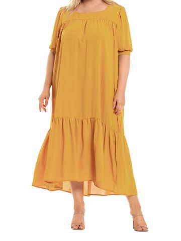 Plus Size Plain Color Flounce Half Sleeve Square Neck A Line Midi Dress - YELLOW - XL