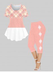 Plaid Colorblock Tee and Geo Printed Capri Leggings Plus Size Summer Outfit -  