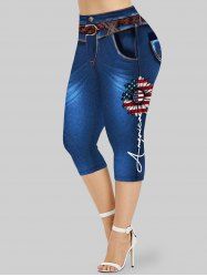 Legging Capri 3D Drapeau Américain Imprimé Patriotique de Grande Taille - Bleu profond 4X | US 26-28