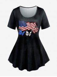 T-shirt Drapeau Américain Papillon Imprimé de Grande Taille à Manches Courtes - Noir 4X | US 26-28