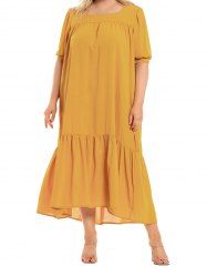 Robe Mi-Longue Ligne A à Demi-Manches à Volants Grande Taille - Jaune 4XL