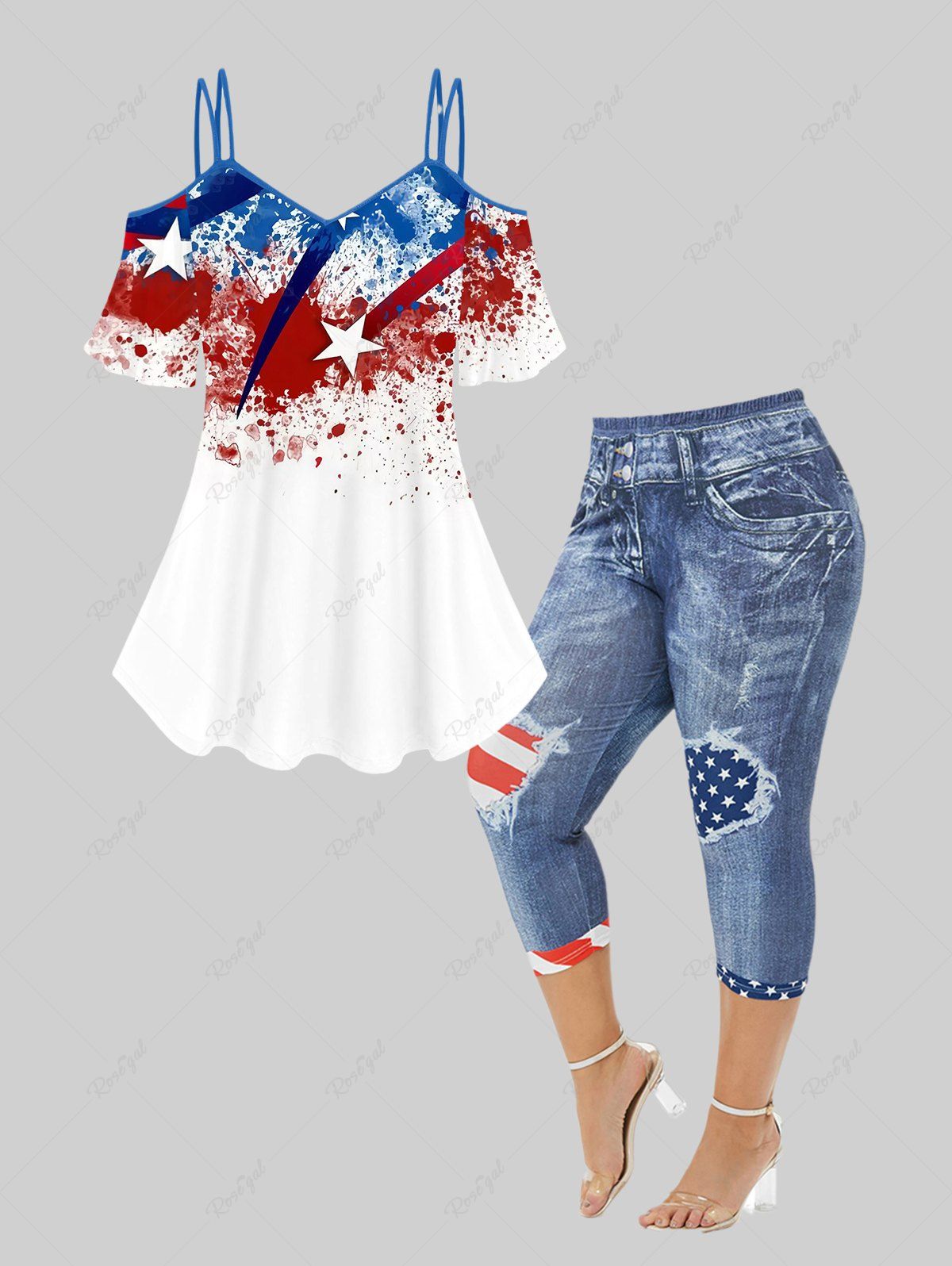 Outfit Plus Size Paint Splatter American Flag Printed Cold Shoulder Tee and American Flag 3D Printed Skinny Capri Plus Size Jeggings Matching Set  