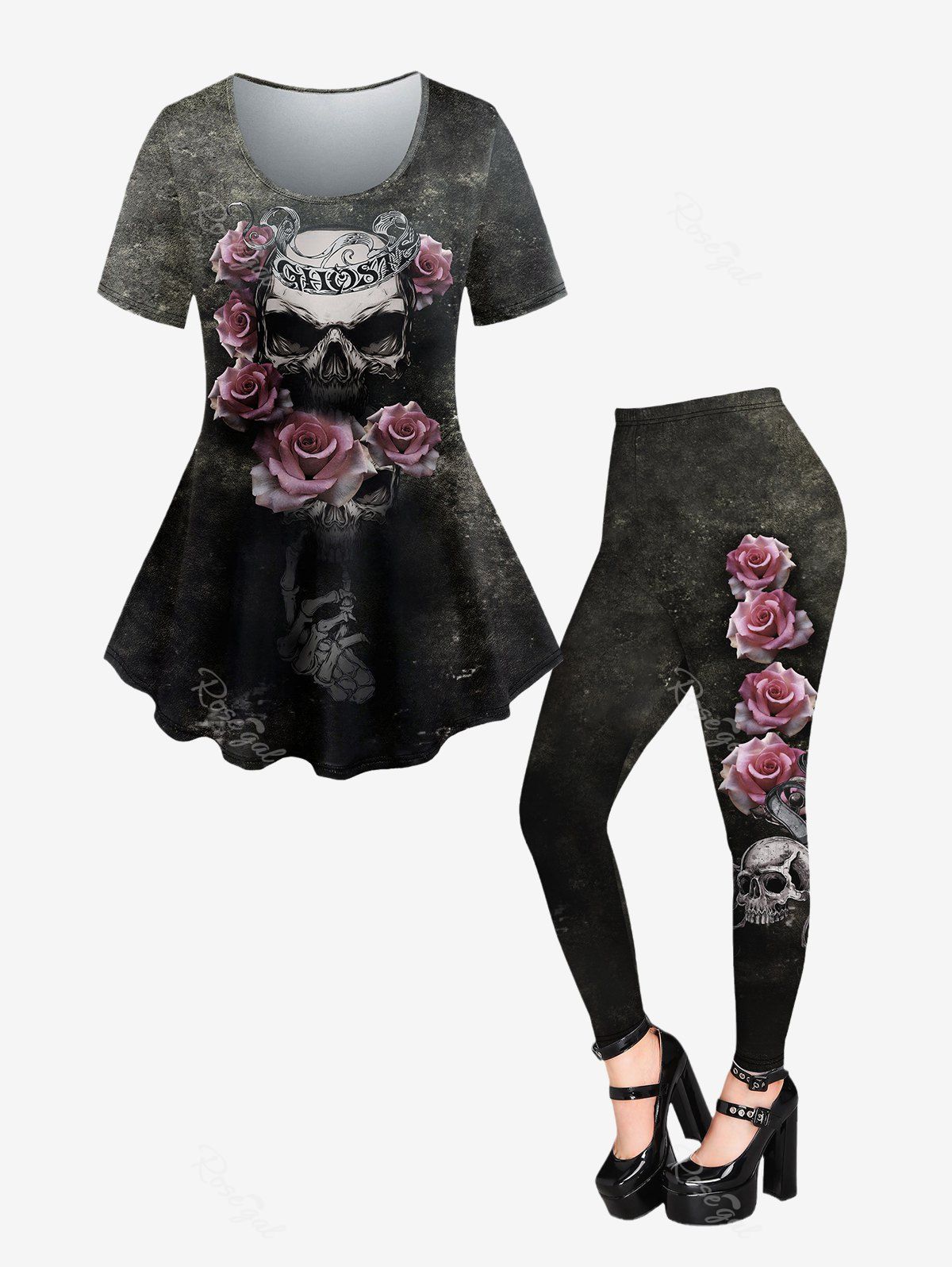 T-shirt Gothique Rose Crâne Imprimés et Legging Moulant Noir 