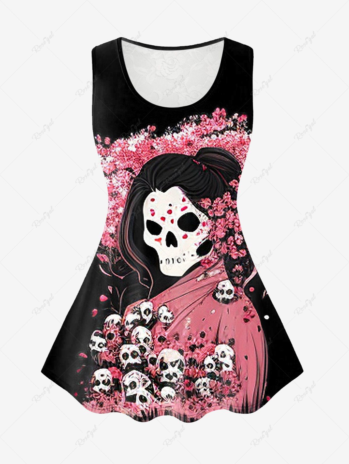 Fashion Gothic Floral Skull Print Lace Panel Tank Top  