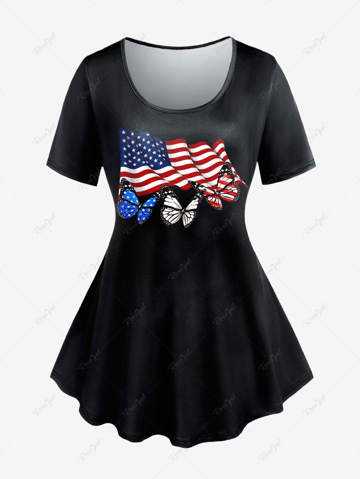 T-shirt Drapeau Américain Papillon Imprimé de Grande Taille à Manches Courtes Noir 4X | US 26-28