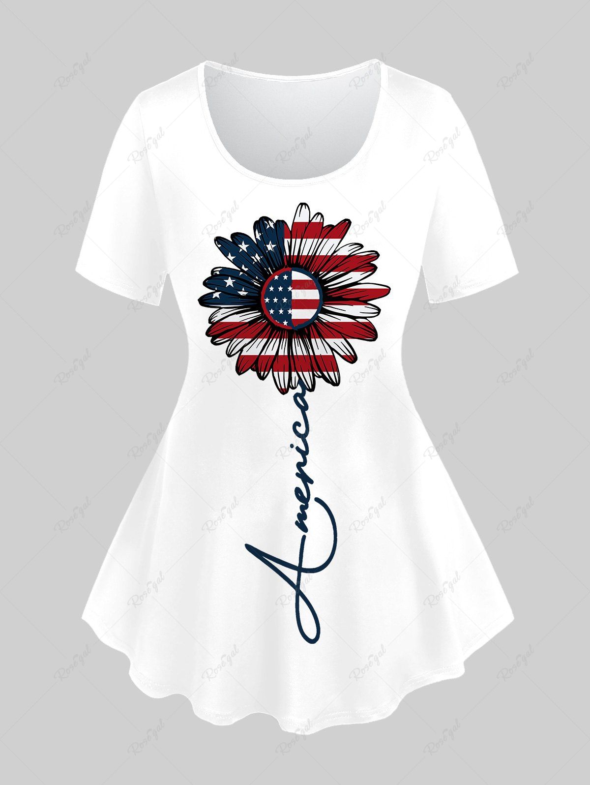 T-shirt Tournesol Lettre Imprimée Patriotique à Manches Courtes de Grande Taille Blanc 4X | US 26-28