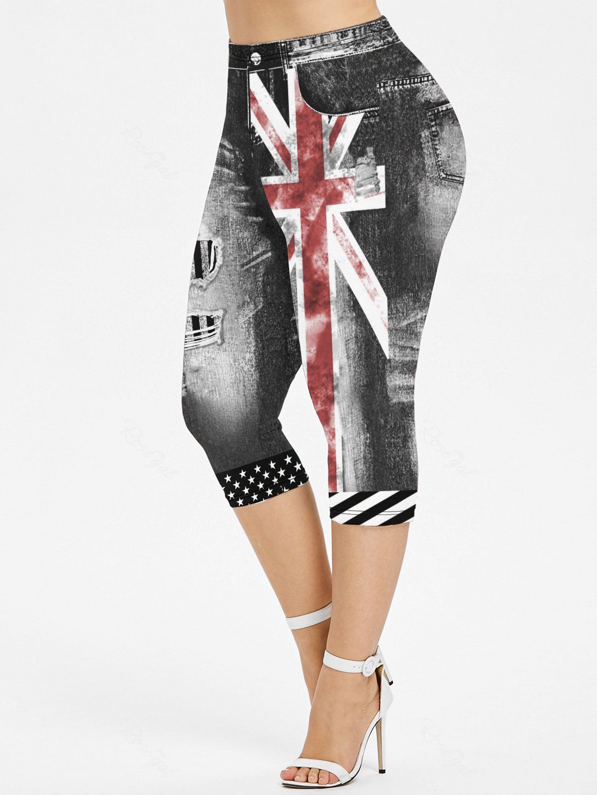 Trendy Plus Size Distressed American Flag 3D Print Capri Jeggings  
