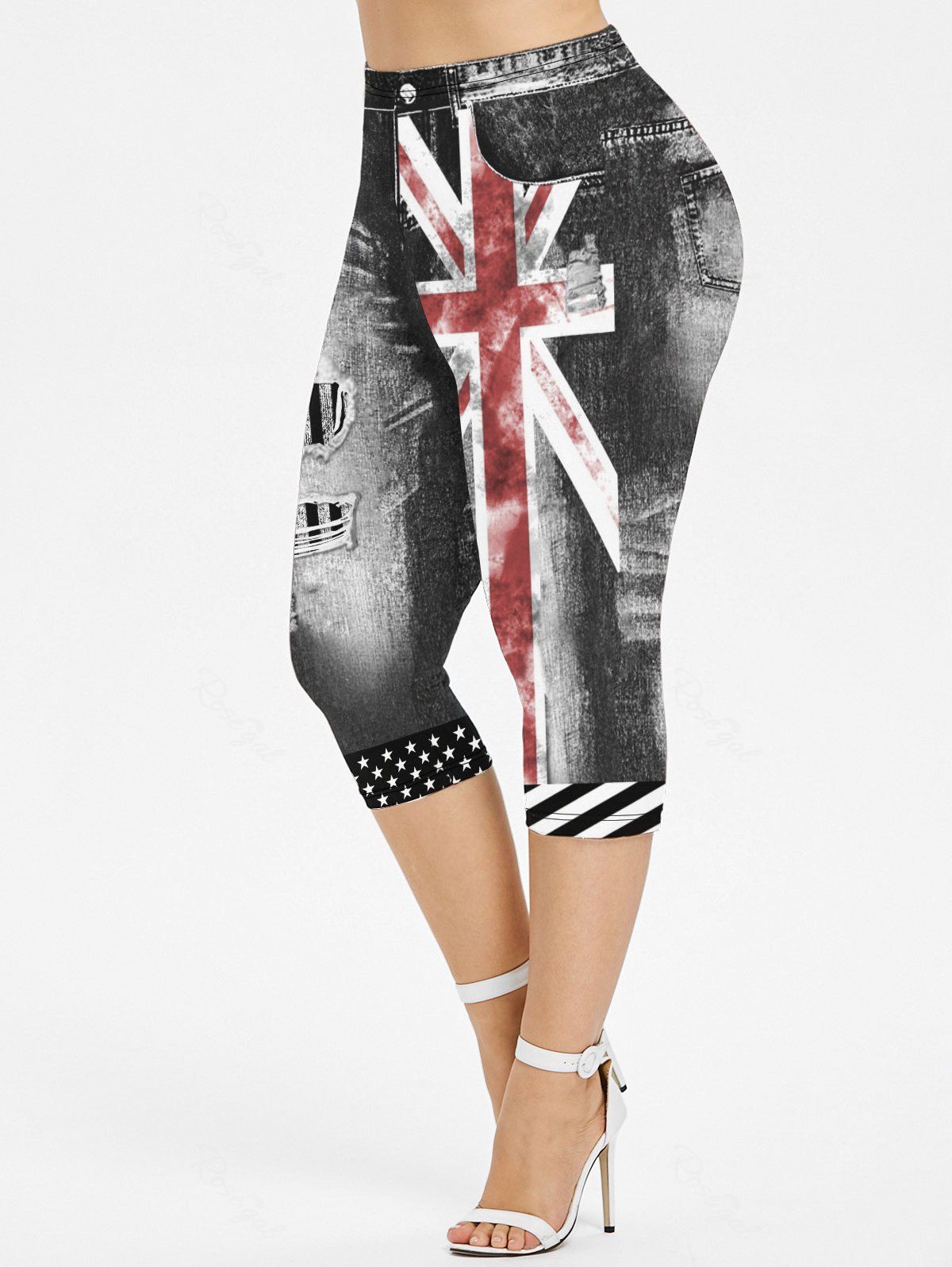 Chic Plus Size Distressed American Flag 3D Print Capri Jeggings  