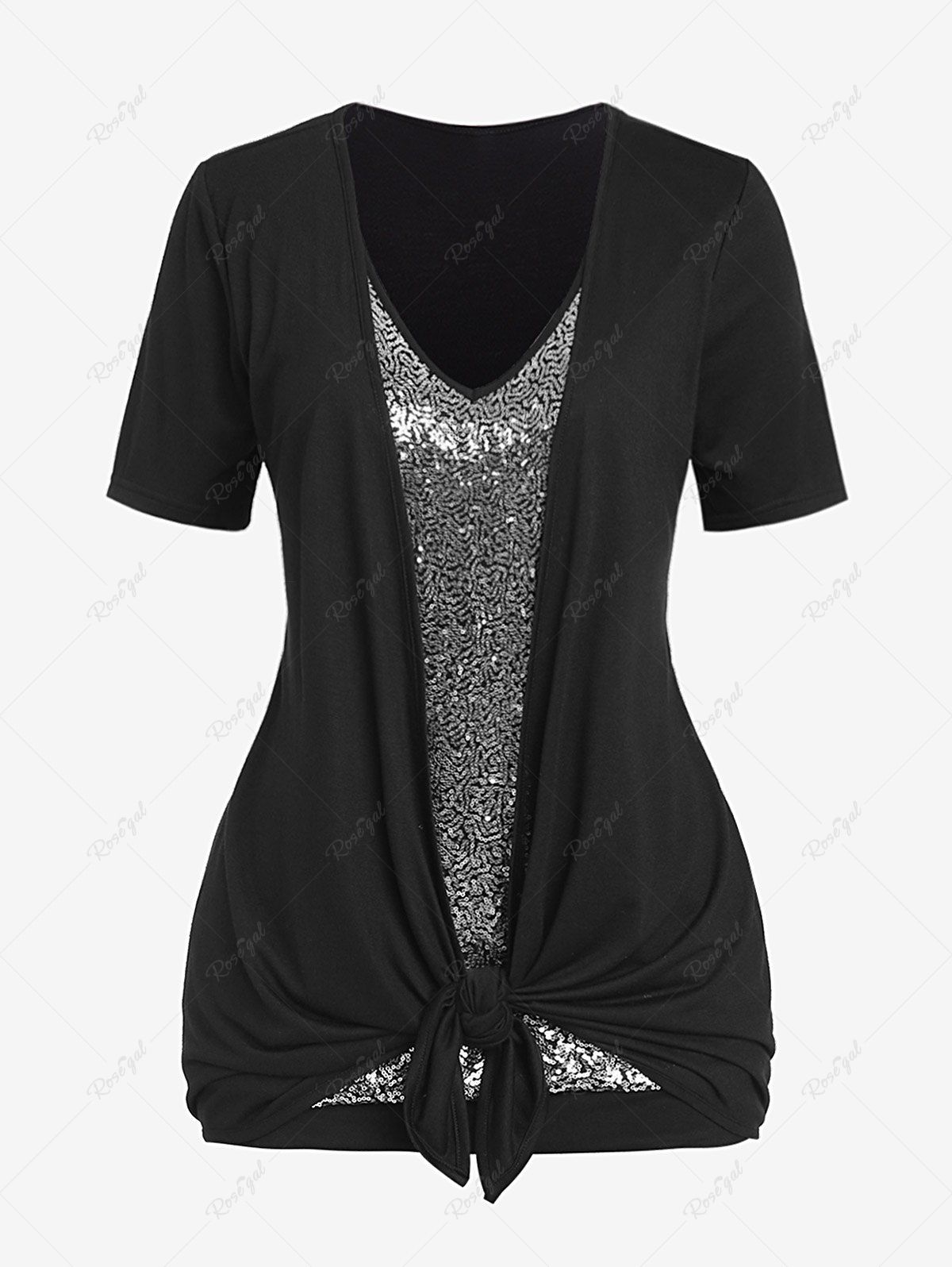Unique Plus Size Sequins Short Sleeves 2 in 1 Tee  