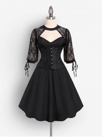 Lace Panel Cutout Cocktail Dress And  Boning Lace-up Underbust Corset Gothic Outfit - BLACK