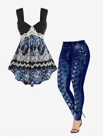 Lace Guipure Flower Print Tank Top and High Waisted 3D Printed Leggings Plus Size Outfit - Black