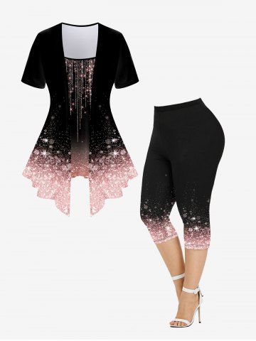 3D Sparkles Light Beam Printed Tee and Leggings Plus Size Matching Set - LIGHT PINK