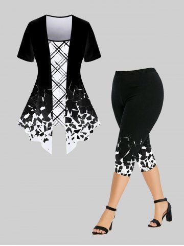 Monochrome Geo Printed 2 in 1 Tee and Capri Leggings Plus Size Summer Outfit - BLACK