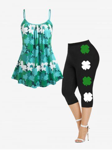 Saint Patrick's Day Clover Tank Top and Capri Leggings Plus Size Summer Outfit - GREEN