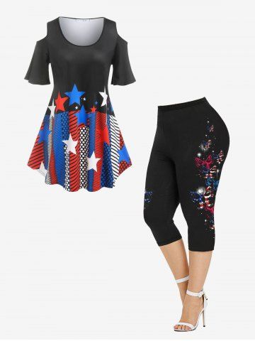 Patriotic American Flag Open Shoulder Tee and Butterfly Print Capri Leggings Plus Size Outfits - BLACK