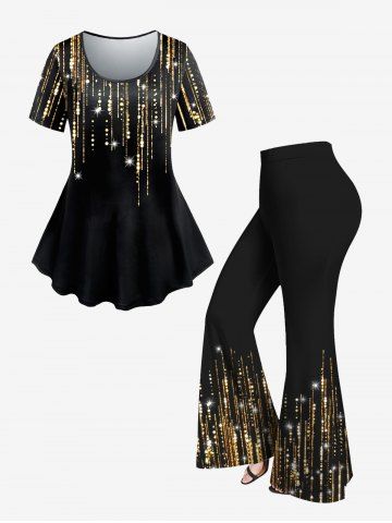 3D Sparkles Light Beam Tee and Pull On Flare Pants Plus Size Summer Outfit Matching Set - BLACK