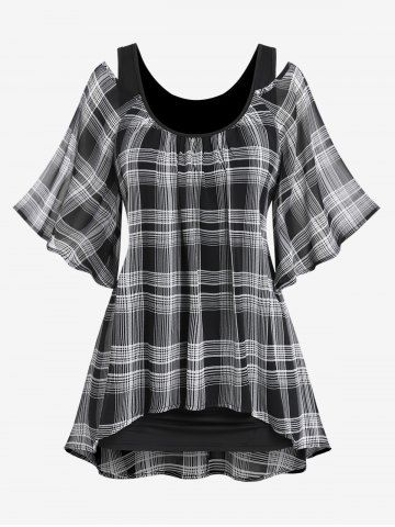 Plus Size Cutout Plaid Raglan Sleeves 2 in 1 Tee - BLACK - M | US 10