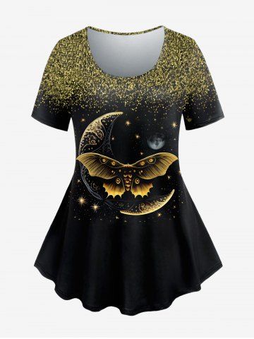 T-shirt Gothique Papillon et Lune Imprimés à Paillettes