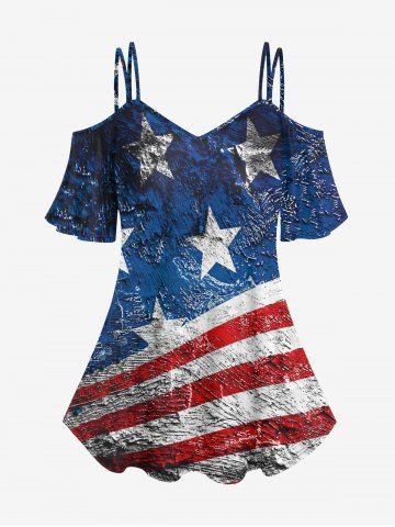 Camiseta Patriótica de Hombros Al Aire de Talla Extra con Estampado de Bandera de Estados Unidos - BLUE - 2X | US 18-20