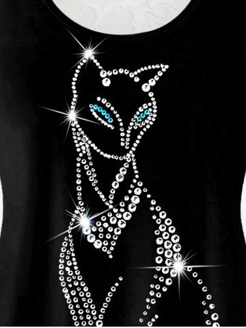 Plus Size 3D Sparkled Rhinestones Cat Printed Lace Panel Tank Top