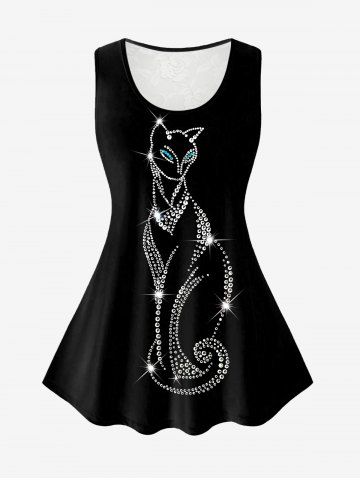 Plus Size 3D Sparkled Rhinestones Cat Printed Lace Panel Tank Top - BLACK - L | US 12