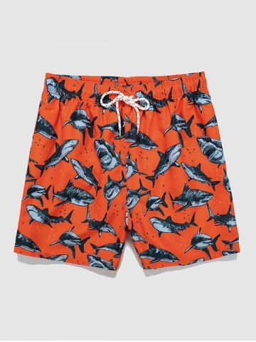 Drawstring Shark Marine Life Print Vacation Beach Shorts - ORANGE - S