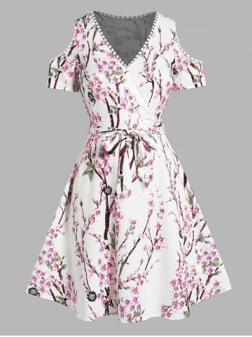 Plus Size Floral Allover Print Cold Shoulder Belted A Line Dress - WHITE - L