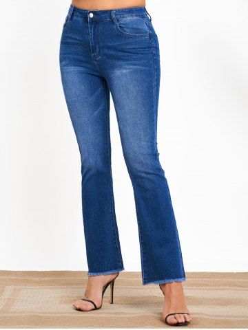 Frayed Hem Long Casual Flare Jeans - BLUE - 2XL