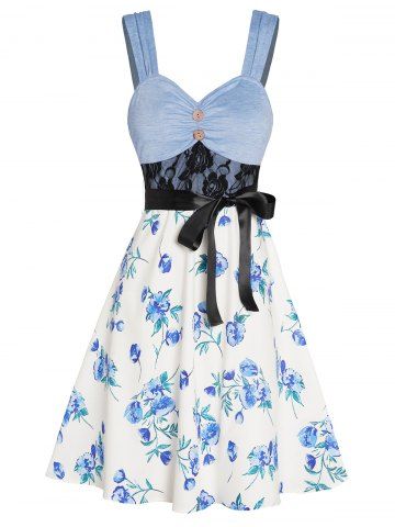 Colorblock Flower Print Lace Panel Empire Waist Belted Mock Button A Line Mini Dress - LIGHT BLUE - S