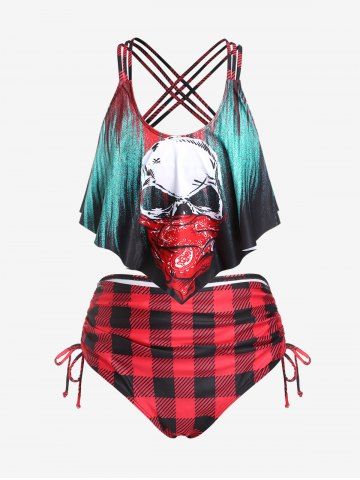 Plus Size Gothic Skull Checkerboard Strappy Cinched Ruched Overlay Tankini Swimsuit - MULTI-A - L