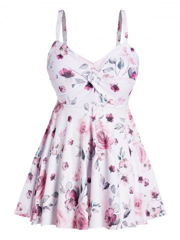 Plus Size Leaf Floral Print Twisted Padded Tummy Control Beach Tankini Swimsuit