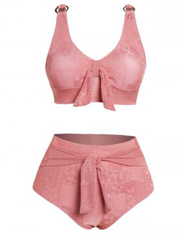 Vacation Plain Color Geometric Pattern Bowknot Padded Tummy Control Bikini Swimsuit - LIGHT PINK - S