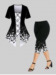 Monochrome Geo Printed 2 in 1 Tee and Capri Leggings Plus Size Summer Outfit -  