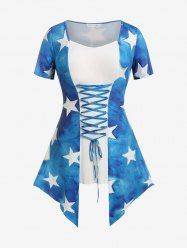 Plus Size & Curve Asymmetric Lace Up Stars Print Tee -  