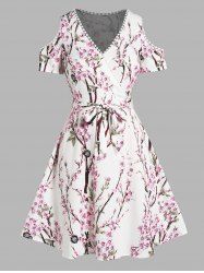 Plus Size Floral Allover Print Cold Shoulder Belted A Line Dress -  