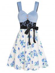Mini Robe Ligne A Ceinturée à Imprimé Fleur en Dentelle à Taille Empire - Bleu clair S