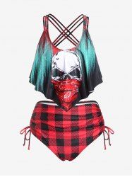 Plus Size Gothic Skull Checkerboard Strappy Cinched Ruched Overlay Tankini Swimsuit -  