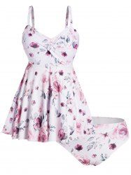 Plus Size Leaf Floral Print Twisted Padded Tummy Control Beach Tankini Swimsuit -  