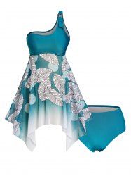 Leaf Print Mesh One Shoulder Asymmetric Padded Tankini Swimsuit -  