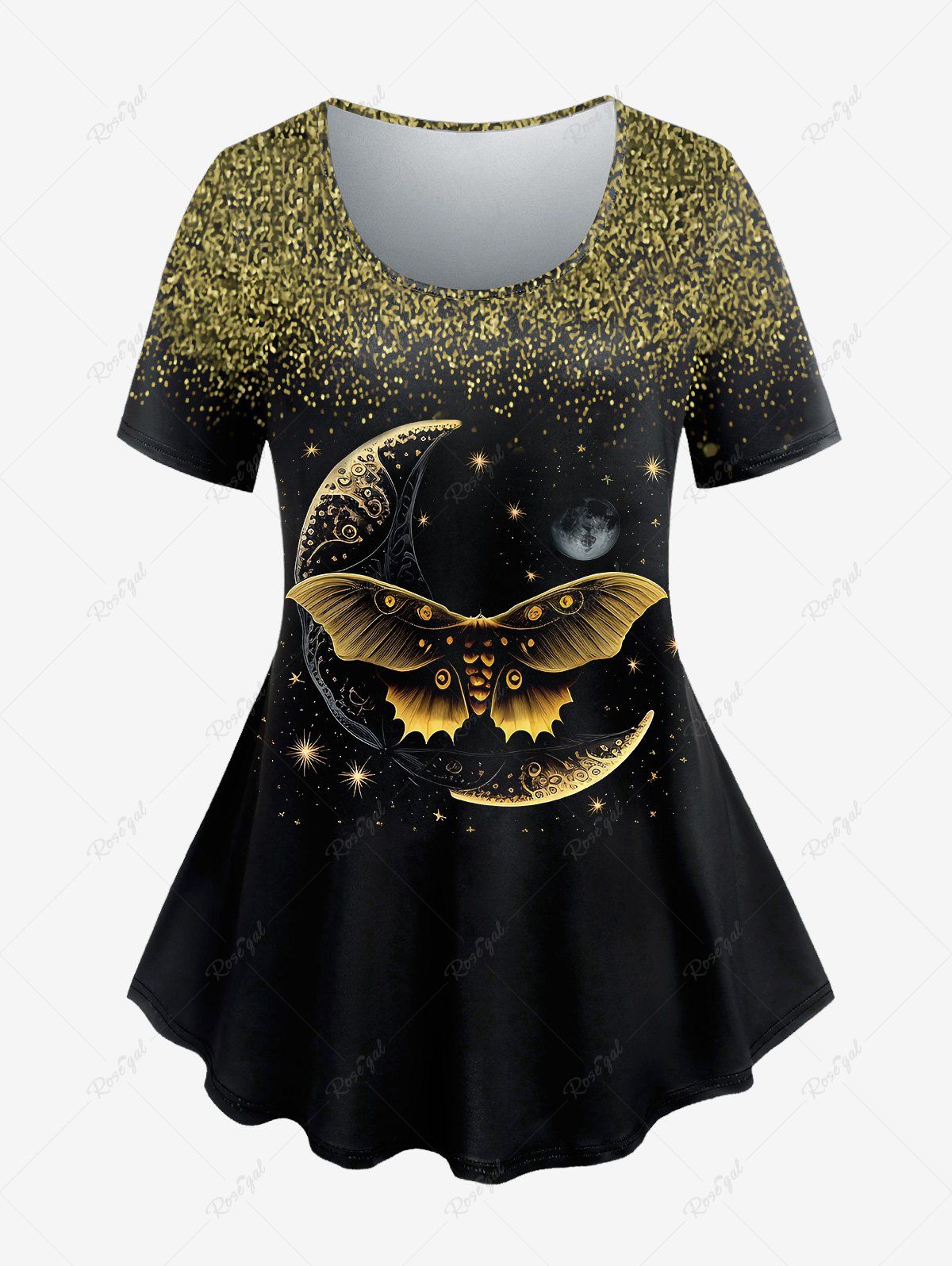 T-shirt Gothique Papillon et Lune Imprimés à Paillettes Noir 1X | US 14-16