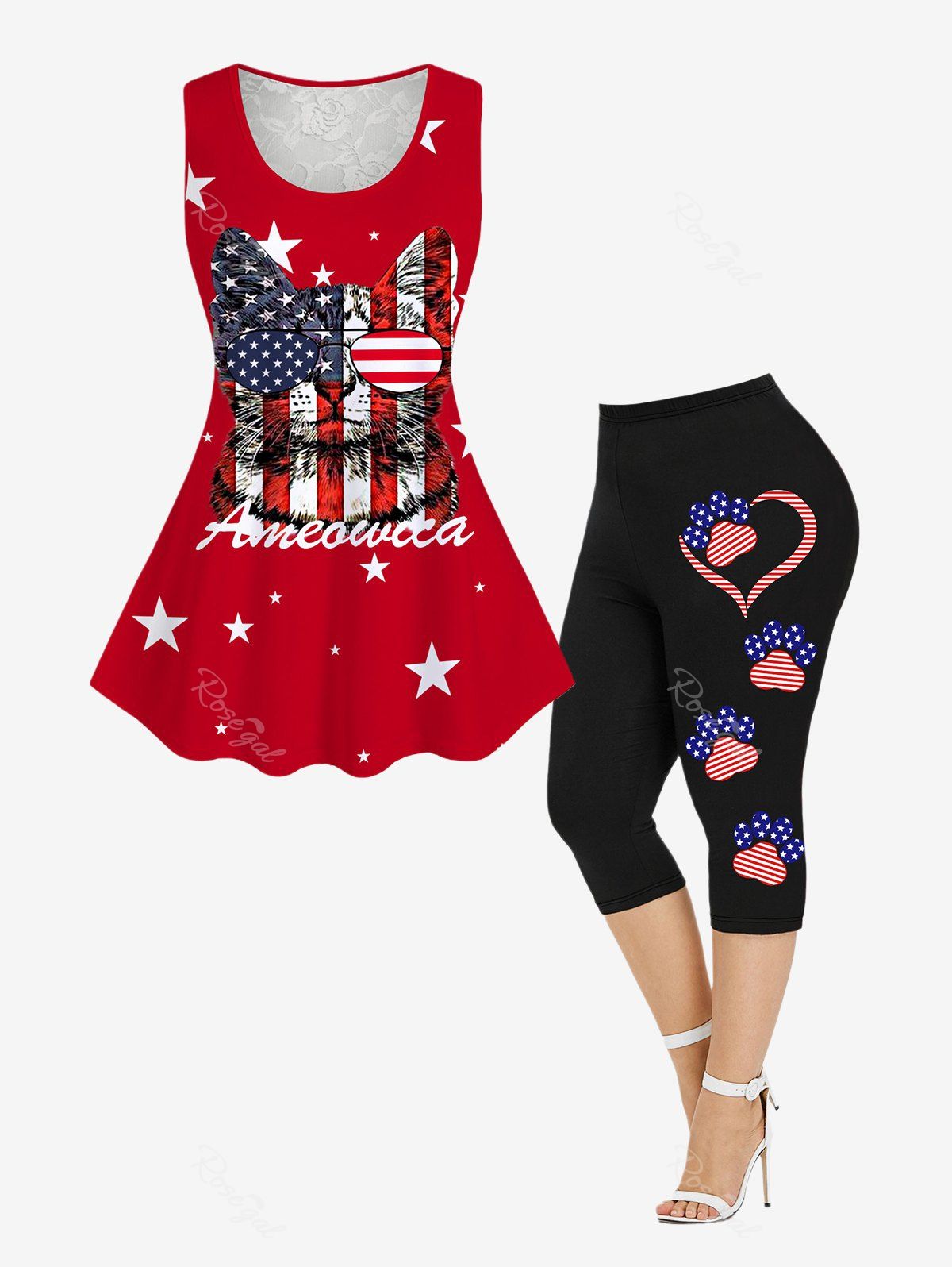 Plus Size American Flag Cat Graphic Lace Panel Sleeveless Top and American Flag Heart Cat Paw Print Cropped Leggings Matching Set Rouge 