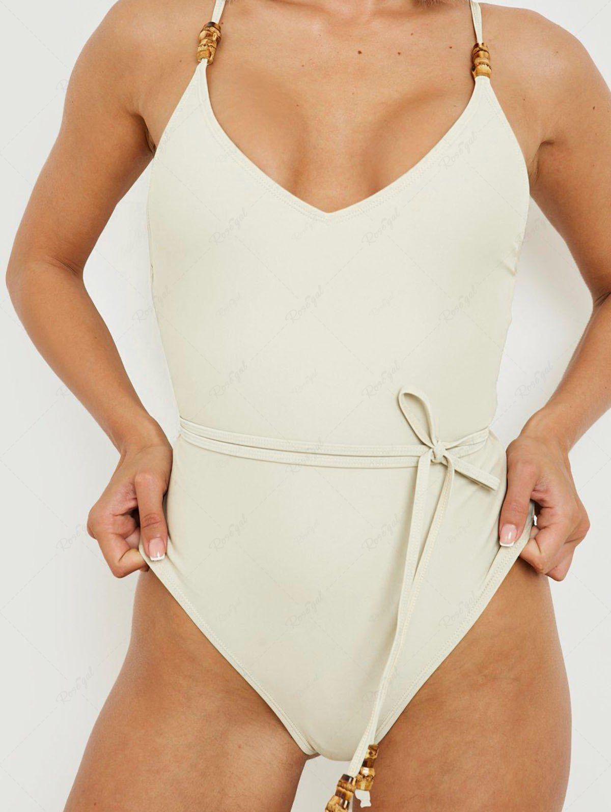 Maillot de Bain Une-Pièce Matelassé Ceinturé à Bretelle Ajustable en Couleur Unie Blanc L