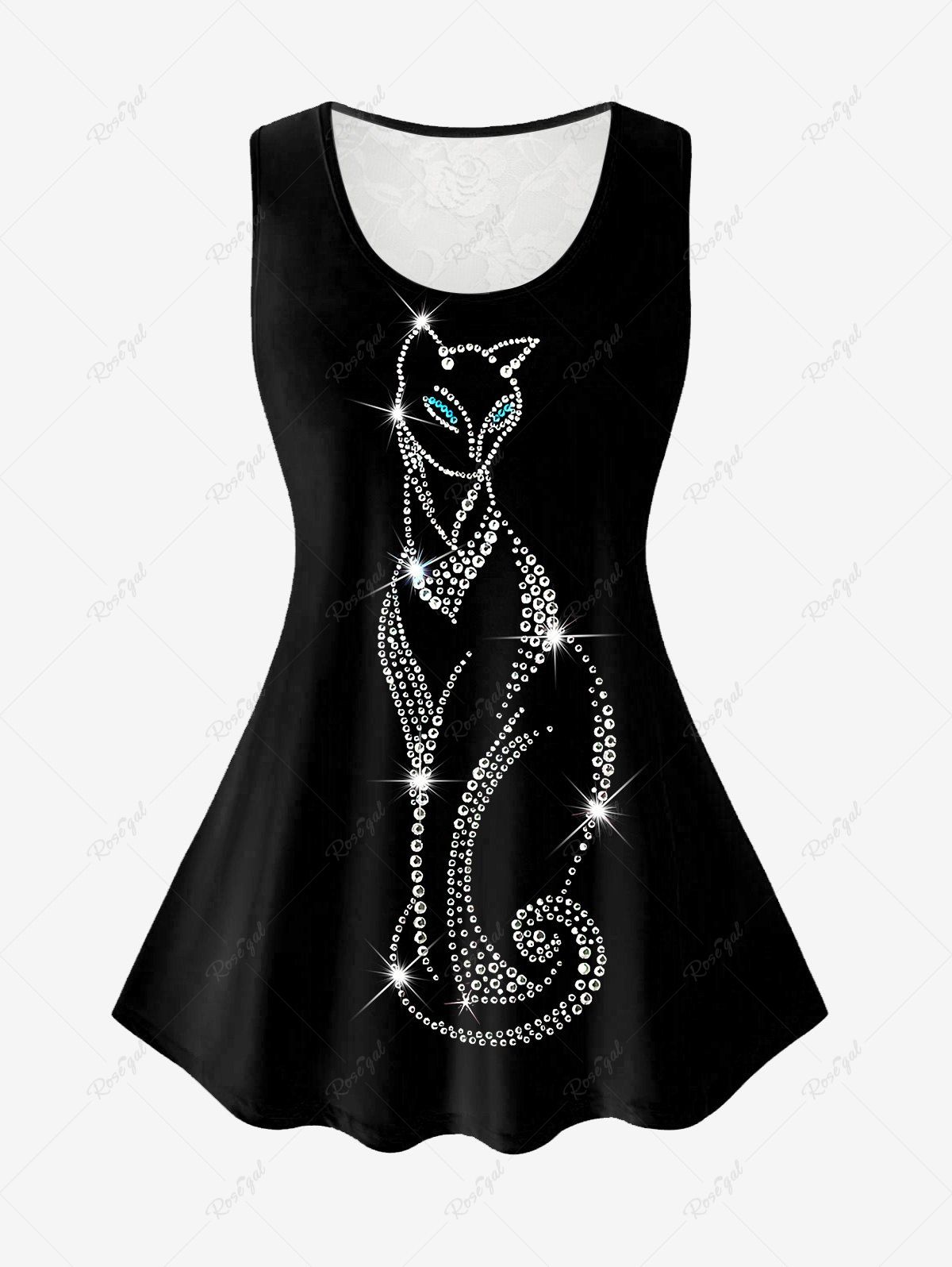 Buy Plus Size 3D Sparkled Rhinestones Cat Printed Lace Panel Tank Top  