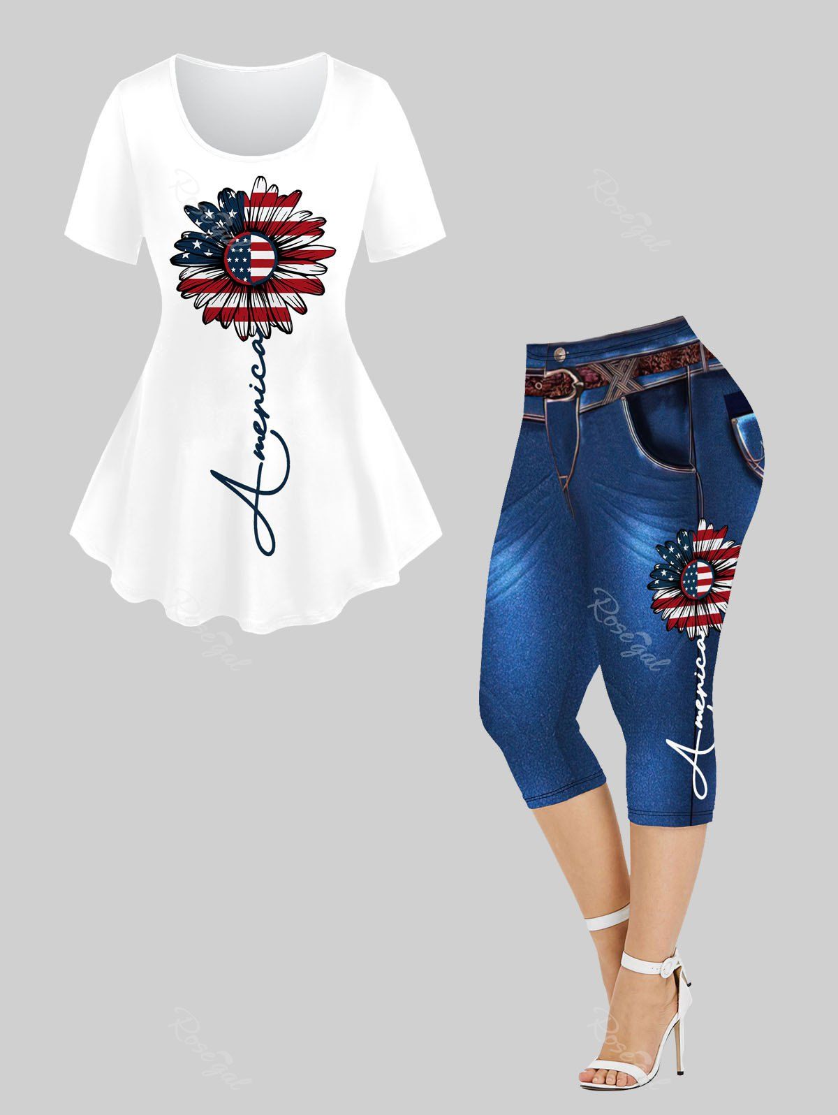 Best Patriotic Sunflower Letters Printed Tee and 3D Jeans Sunflower American Flag Printed Capri Jeggings Plus Size Outfits  