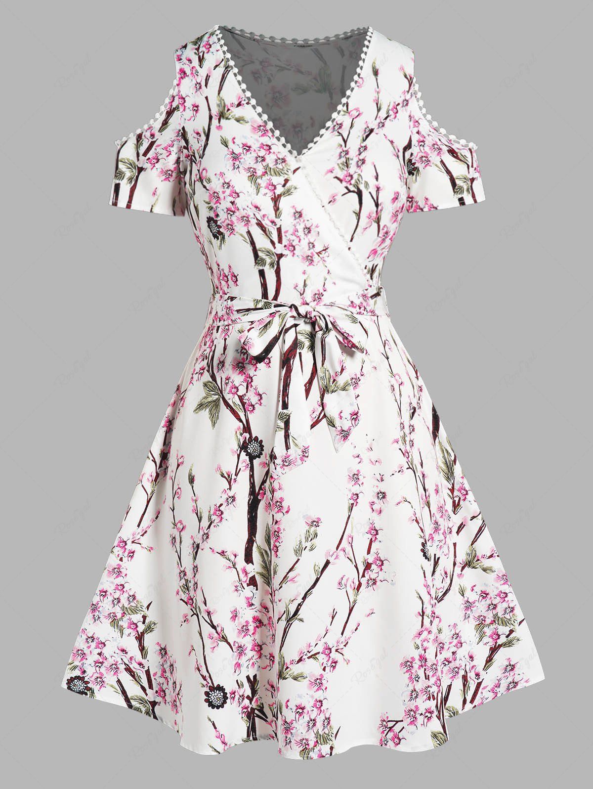 Online Plus Size Floral Allover Print Cold Shoulder Belted A Line Dress  