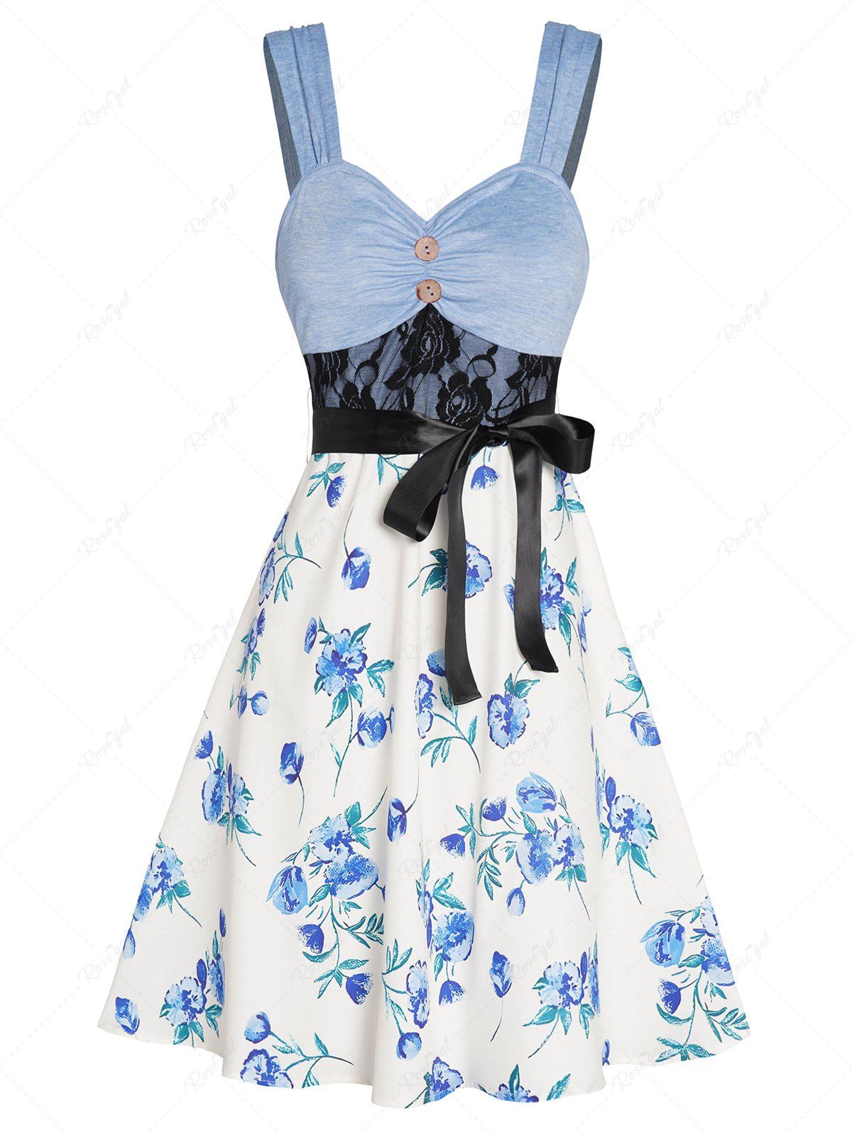 Mini Robe Ligne A Ceinturée à Imprimé Fleur en Dentelle à Taille Empire Bleu clair S