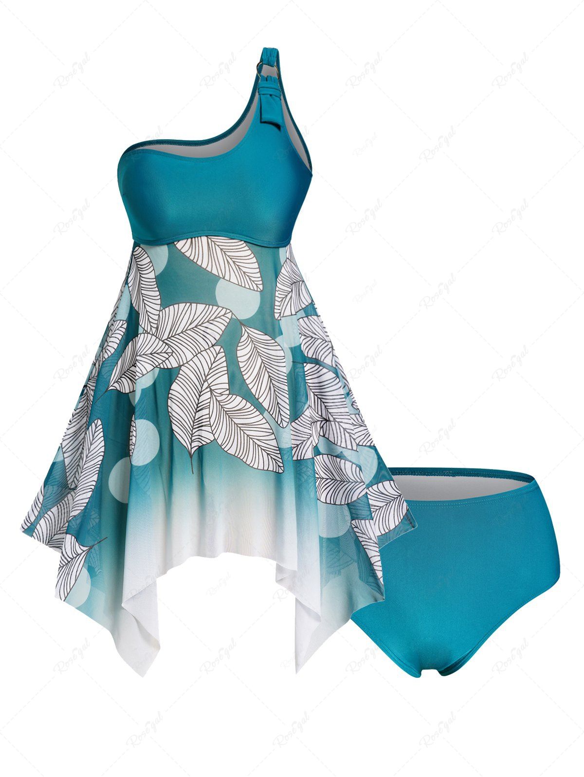 Online Leaf Print Mesh One Shoulder Asymmetric Padded Tankini Swimsuit  
