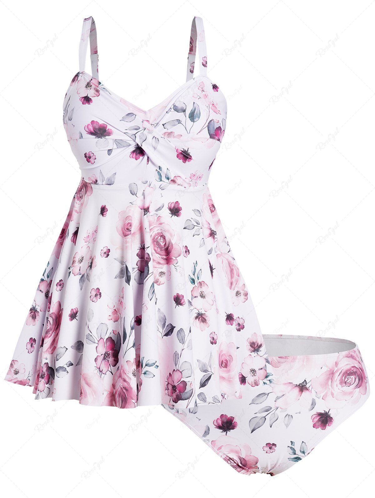 Discount Plus Size Leaf Floral Print Twisted Padded Tummy Control Beach Tankini Swimsuit  