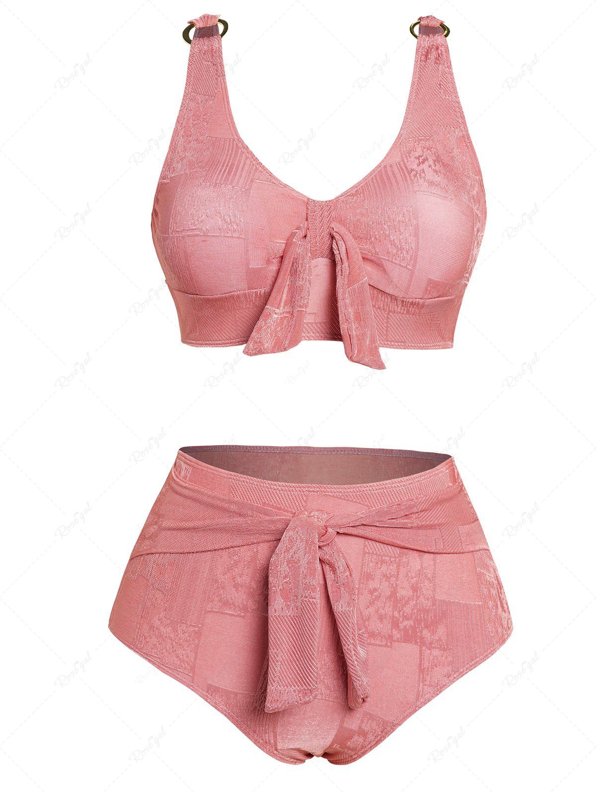 Ensemble de Bikini de Bain Simple Matelassé Motif Géométrique avec Nœud Papillon Rose clair L